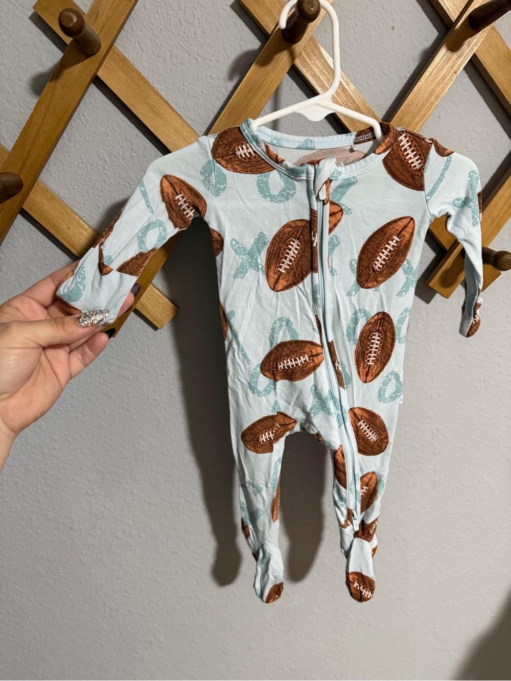 Posh Peanut Light Blue Footed One-Piece with Football Print